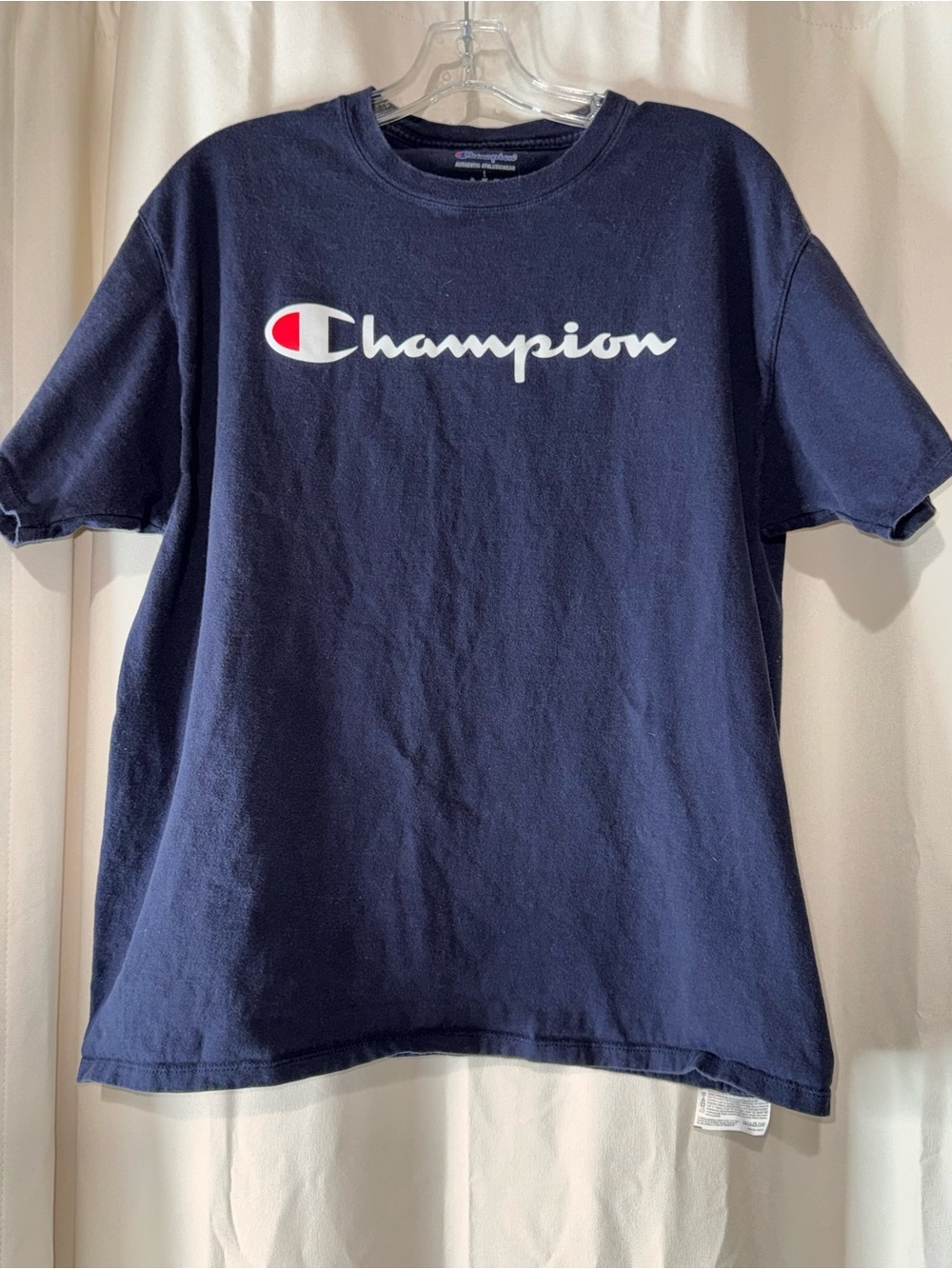 Champion Navy Short Sleeve Tee with White & Red Logo size Large athleisure gym